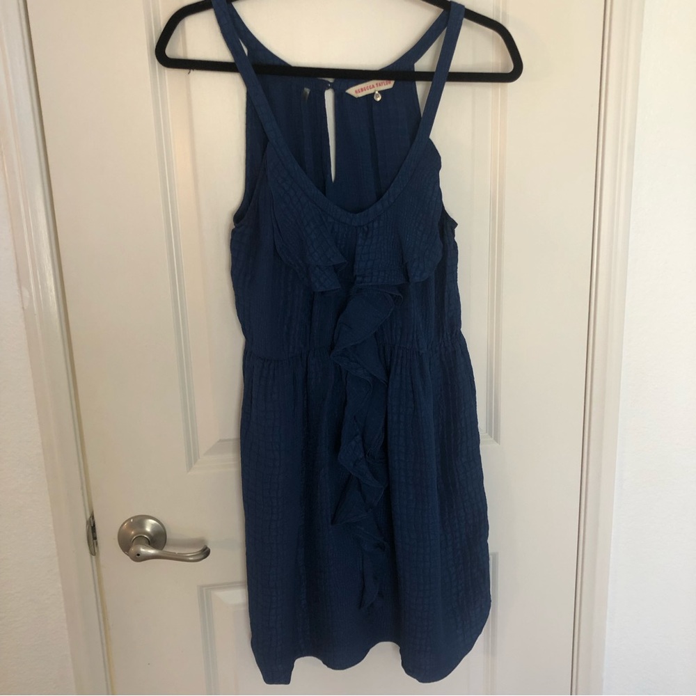 Rebecca Taylor Silk Textured Ruffle Blue Midi Dress Sz 8 flowy lightweight